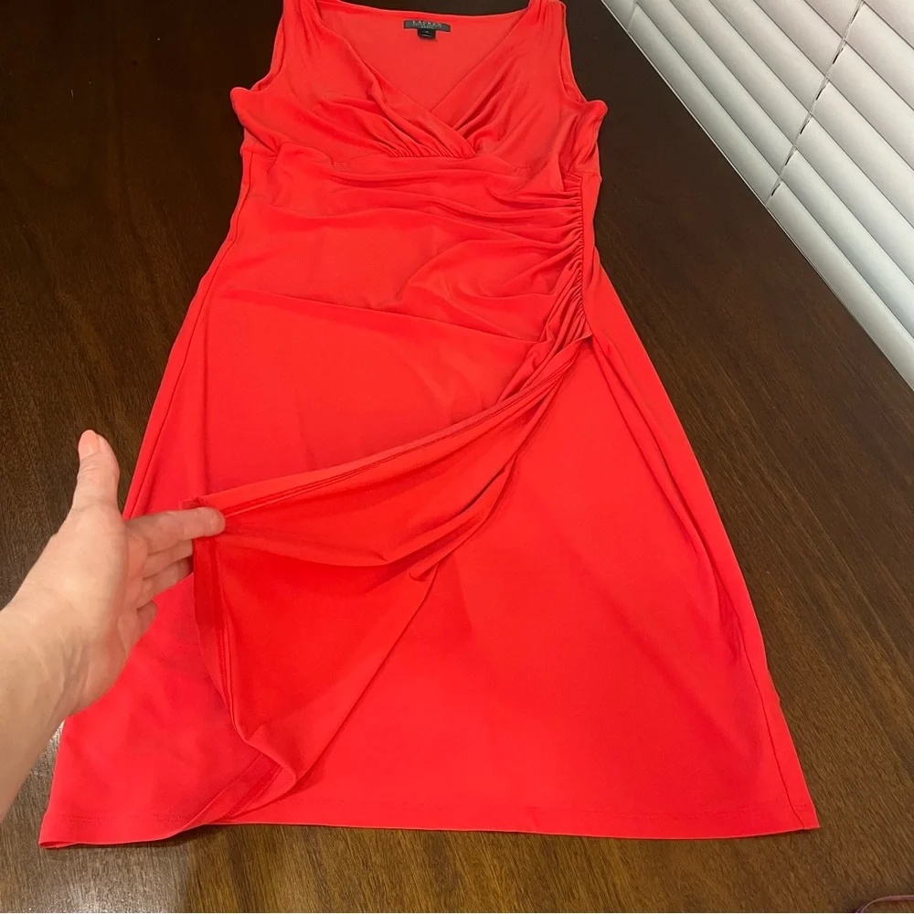 Ralph Lauren Red Sleeveless Faux Wrap Draped Sheath Dress Size 12